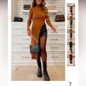 Maillard Turtleneck High Slit Ribbed Knit Dress